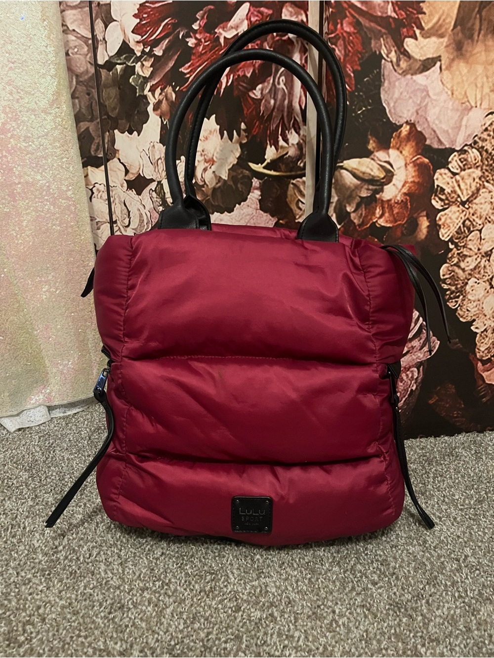 Lulu Guinness Padded Burgundy Tote with Black Handles